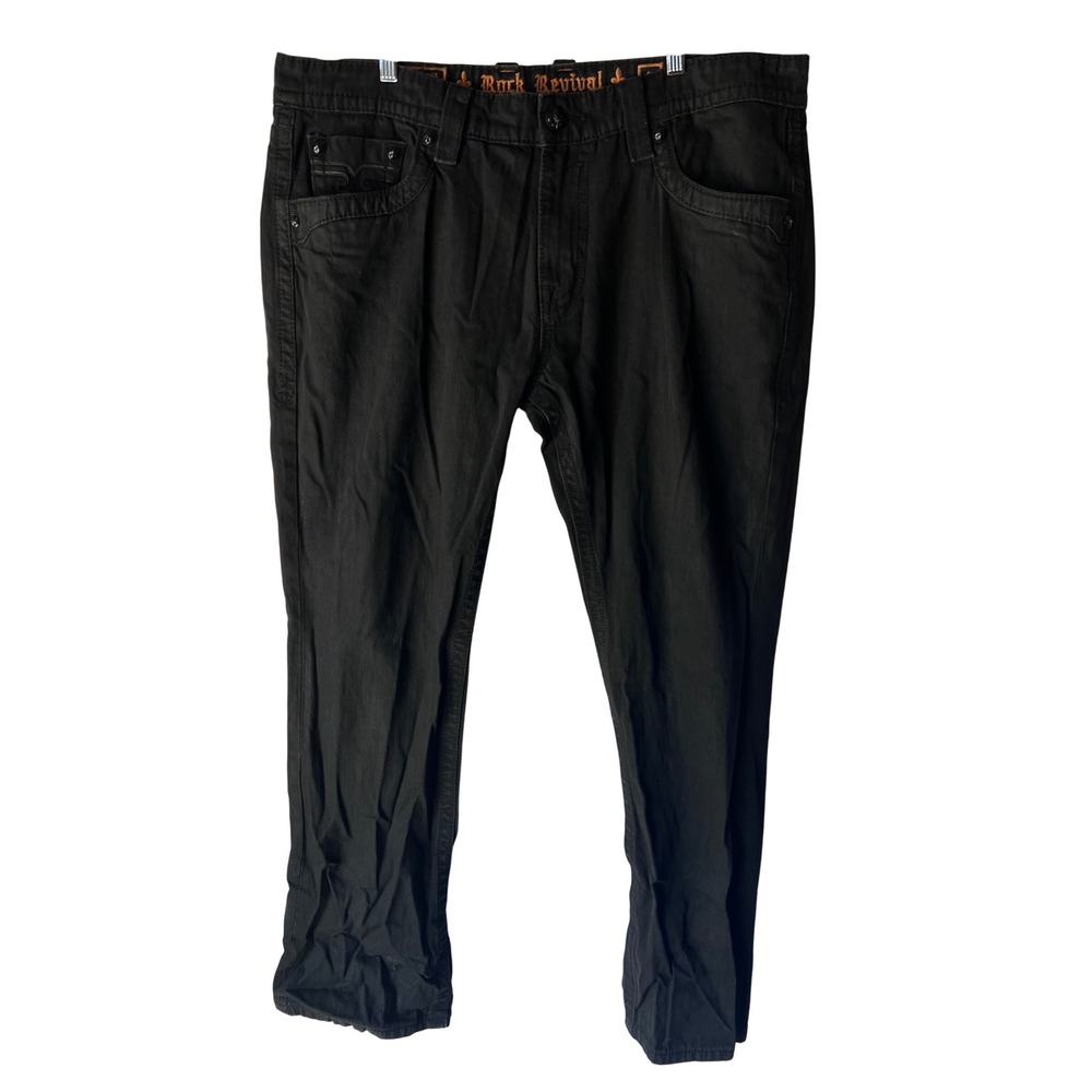 Rock Revival Jeans "Steven" Jet Black Leather Inserts Straight Sz 40‎